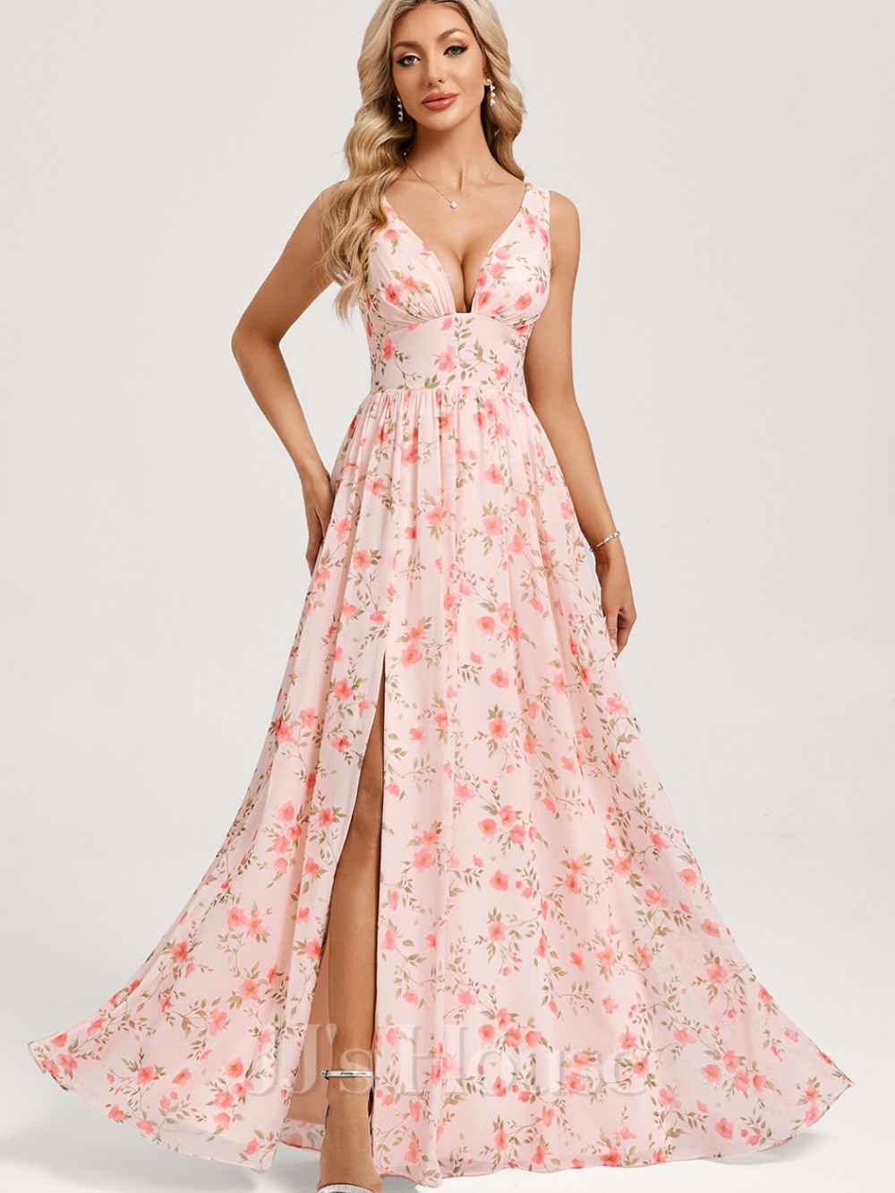 JJs House Blush Pink Floral Maxi Dress with Front Slit (discontinued/sold out)